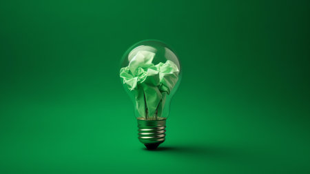 A fluorescent light bulb in sunlight on green nature background. Green business, economy, eco-industの素材