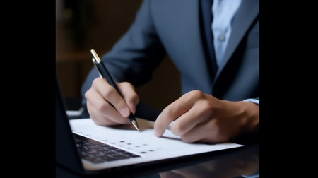 Businessman filling out online employee appraisal form. Human resource management (HR), recruiting,の素材