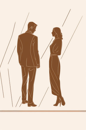 Continuous line drawing of woman and man standing talking about work. Single continuous line drawingの素材