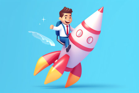 Creative illustration of a businessman flying on rocket and holding growing business bag for start uの素材