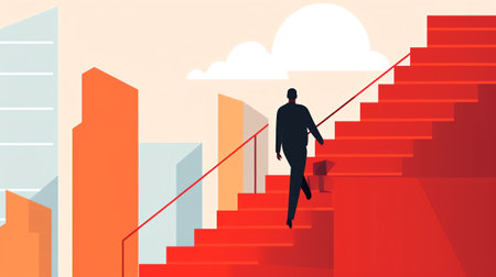 Businessman running on arrow through obstacles to his goal. Business developement, career success orの素材