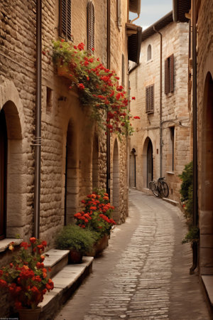 Narrow empty road amidst buildings at massa marittima- tuscany- italyの素材