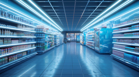 Supermarket aisle with empty shelves. 3d renderの素材