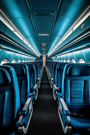 Aircraft interior with blue seats and white panelの素材