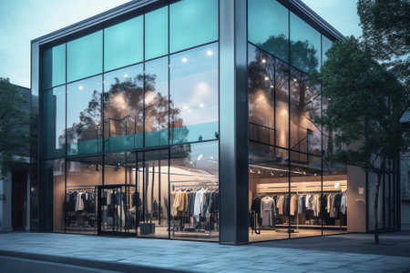 Modern glass facade new empty shop lot exterior. 3d renderingの素材