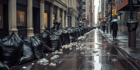 A lot of black empty plastic chairs stand on the streetの素材