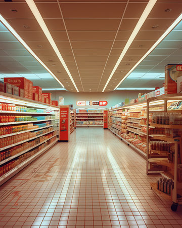 Empty supermarket aisle with freezers showcases with different productsの素材