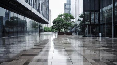 Empty ground in front of modern glass wall facade buildings .の素材
