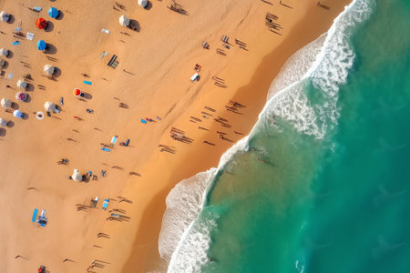 Amazing white beach in the natural reserve from above view. White umbrellas and beach loungersの素材