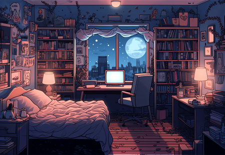 Empty bedroom at night flat vector illustration. Apartment, dormitory room with no people inside. Alの素材
