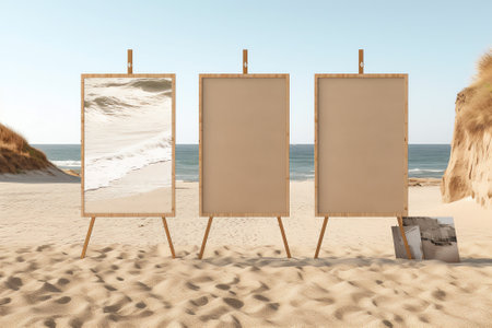 Blank canvas frame on sandy beach. Mock up, 3D Renderの素材
