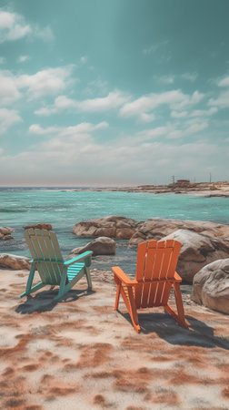 Row of empty wooden beach chairs on a summer day, outdoor photo. Brown sun loungers on shore of lakeの素材