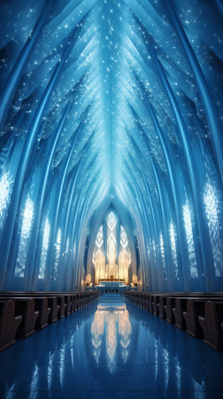 Blurred background of a surreal illuminated church aisle.の素材