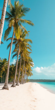 Beautiful beach with palm trees and moody sky. Summer vacation travel holiday background concept. Maの素材