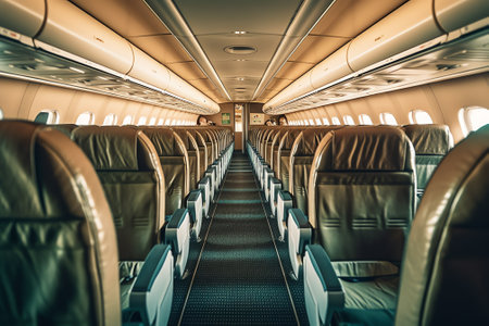 Commercial aircraft cabin with rows of seats down the aisleの素材