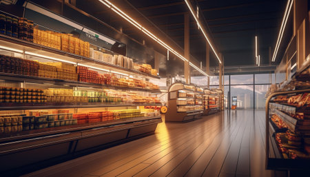 super market store interior aisle with a blank sign or advertising banner hanging from the ceiling aの素材