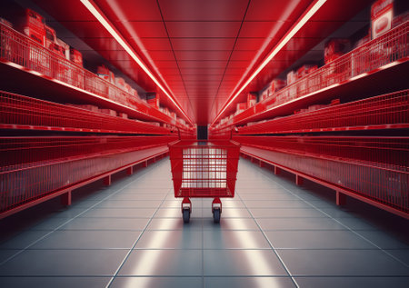 Supermarket aisle with empty red shopping cartの素材