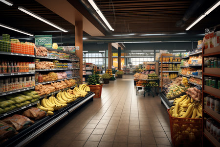 Interior of a supermarket with shelves for goods. 3d image.の素材