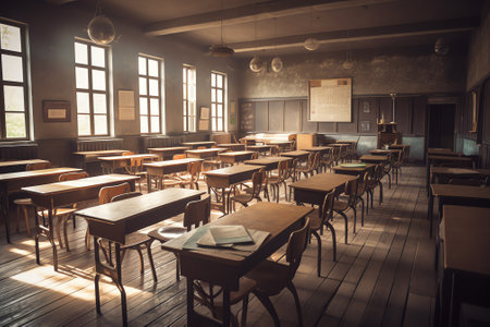 Empty School classroom with desks chair wood, and green board in high school Thailand, vintage toneの素材
