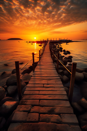Beautiful sunrise over the Arillas beach. North Corfu. Greece
Empty bench at the end of the pier.の素材