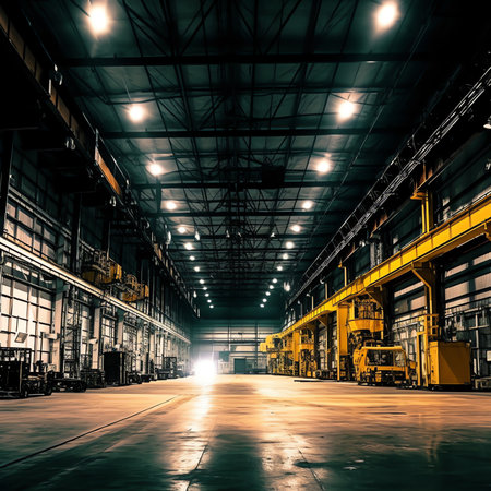 Warehouse of engineering plant shop with yellow overhead crane. Empty storage areas of new metalworkの素材