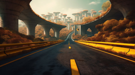 Empty street under the bridge with beautiful morning landscape scene. 3d renderingの素材