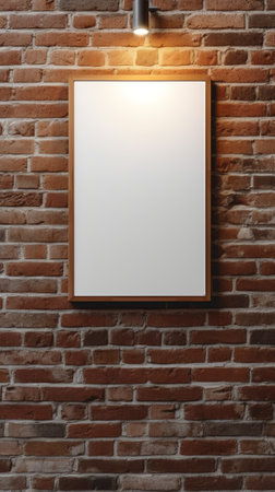 Vertical white blank outdoor billboard with lighting backlights on brick wall of modern building atの素材