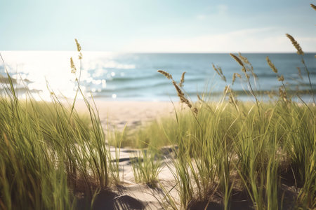 View looking through grasses blowing in the wind of a beautiful empty beach with the tide coming inの素材
