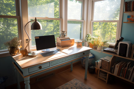 empty desk and blue windowの素材