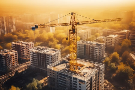 Construction cranes build new tall houses. Parking for cars in front of new houses under constructioの素材