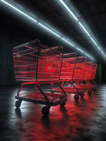 Supermarket aisle with empty red shopping cartの素材