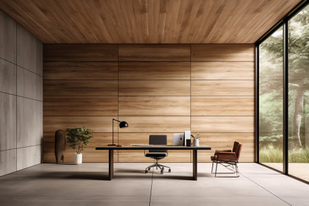 Office lobby interior with wooden walls and large white space. Concept of business building. 3d rendの素材