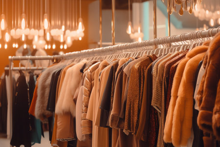 Defocused Abstract Background aisle of female clothes store 
hanging on rack in front of the store iの素材