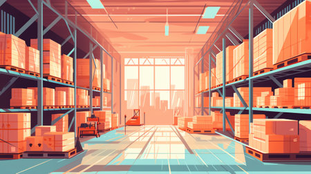 warehouse empty. Empty racks in hangar. Warehouse interior empty. Multi-tiered pallet racks. Place tの素材