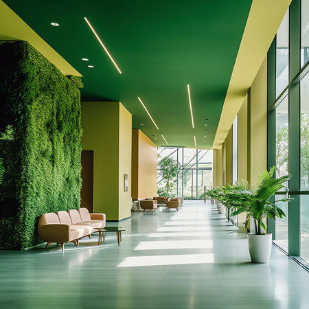 Empty corridor in modern office building with green tree outside the window.の素材