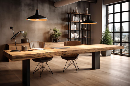 Modern loft office workplace with wooden conference table with document laptop on, whitebeard with dの素材