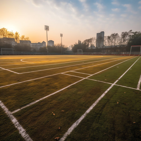 textured soccer game field with entrance to stadium - center, midfieldの素材