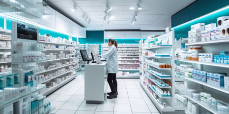Your one stop pharmaceutical shop. Shot of the inside of a pharmacy.の素材