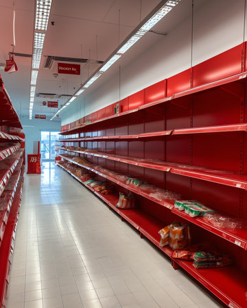 Empty shelves in store in Humble, Texas USA. Supermarket with empty shelves for goods. Vintage tone.の素材