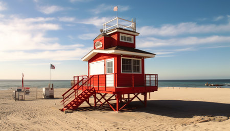 A lifeguard hut on Huntington Beach, California, on a sunny dayの素材