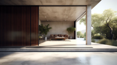 3d render of exterior wooden balcony with large empty concrete wall.の素材