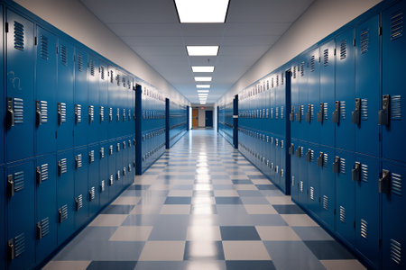 High school lobby with blue color lockers, perspective view. Students storage cabinets, closed metalの素材