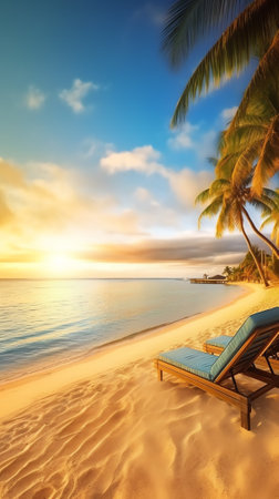Tropical beach nature as summer landscape with lounge chairs and palm trees and calm sea for beach bの素材