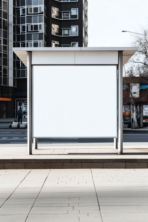 Blank white mockup of bus stop billboard in empty Caddebostan streetの素材