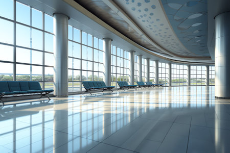 3d rendering.Modern airport passenger terminal. Empty hall interior with ceramic floor to ceiling wiの素材