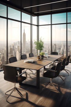 Modern glass wall conference room with black chairs and table in spacious office hall with wooden flの素材