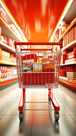 Supermarket interior, empty red shopping cart.の素材