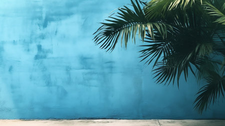 Empty palm shadow blue color texture pattern cement wall background. Used for presentation businessの素材