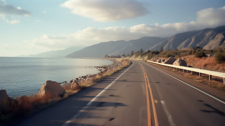 Asphalt road and beautiful seaside scenery under blue sky.の素材