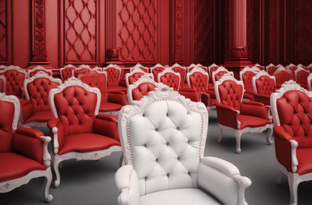 Front view of rows of white chairs standing in an auditorium on a white floor near a white wall. Theの素材